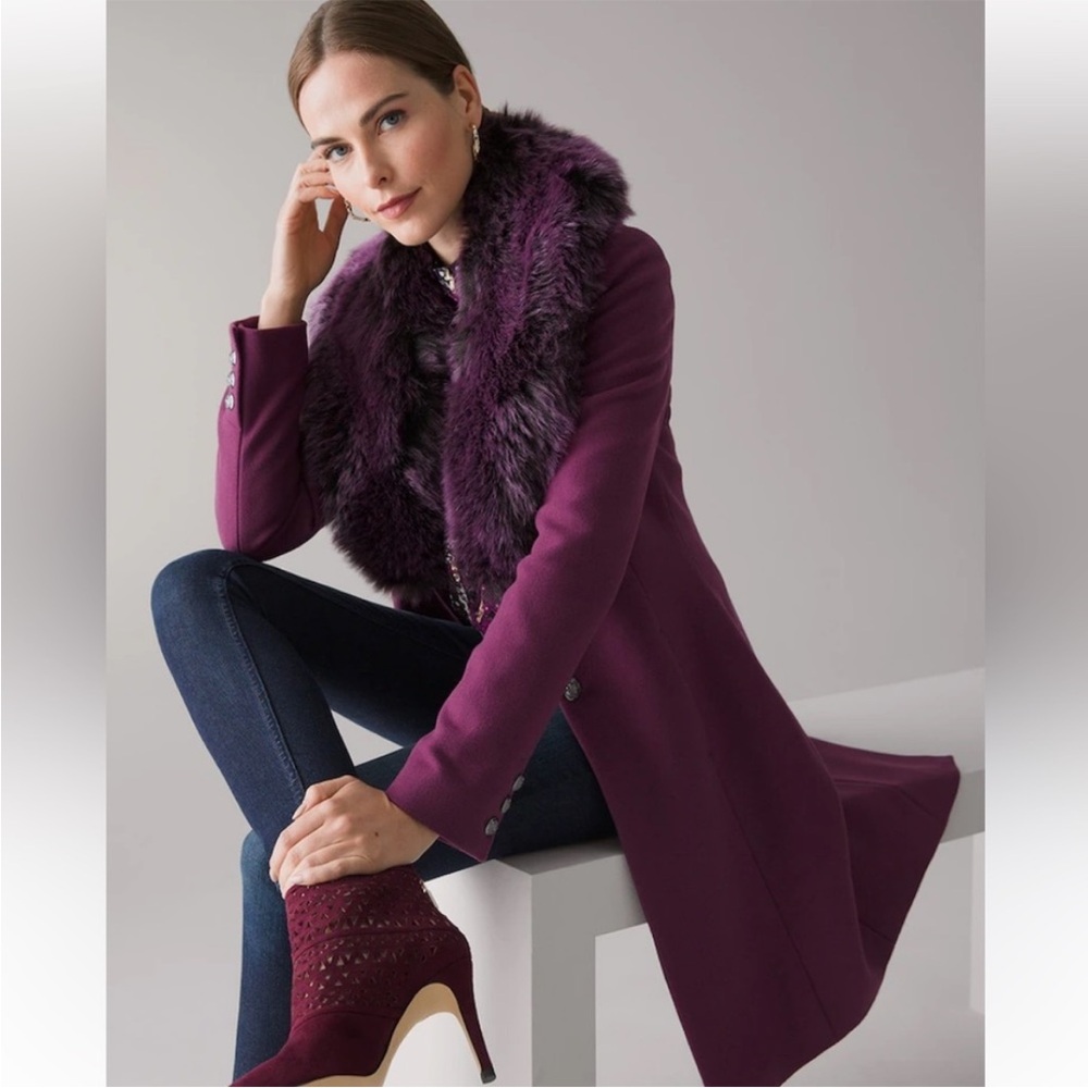 WHBM THE STATEMENT COAT FAUX FUR COLLAR PLUM